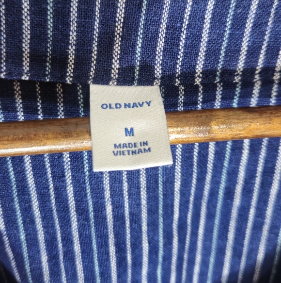 Old Navy Linen Blend Dress Womens Medium Blue White Nautical Stripe Patch Pocket - Picture 6 of 10